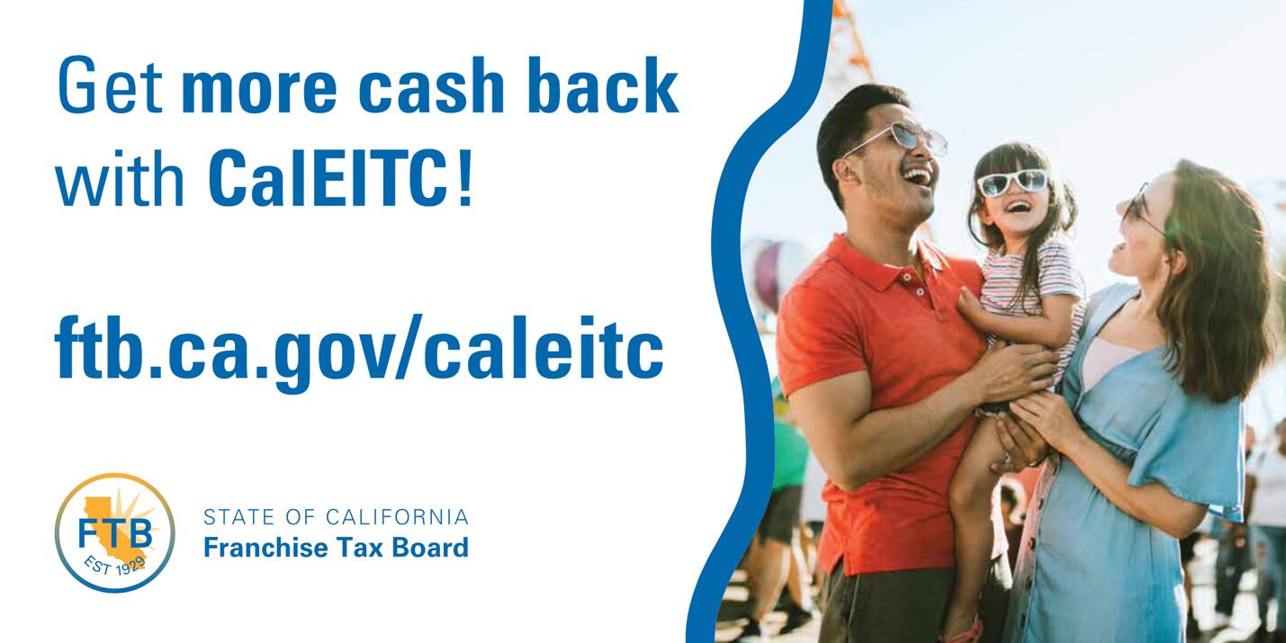 California Franchise Tax Board advertisement promoting CalEITC cash back program, featuring happy family of three with sunglasses at outdoor event, with website ftb.ca.gov/caleitc and FTB logo